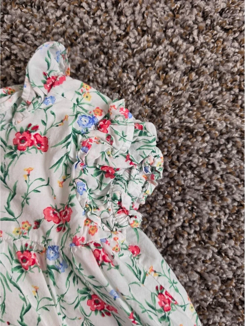 Janie & Jack Baby Girls Sz 6-12M Ruffled Floral Dress White Pink Short Sleeve